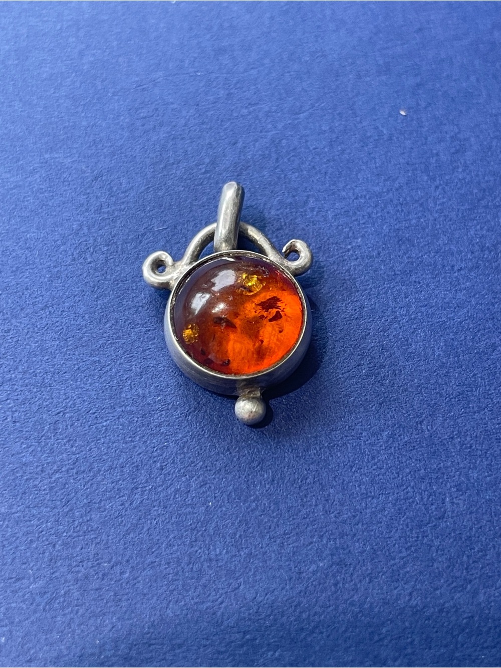 Vintage Silver Pendant with Deep Amber Orange Cabochon